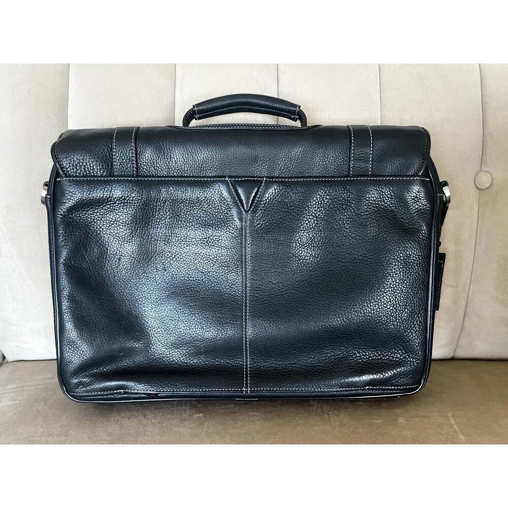 Johnston & Murphy Leather Flapover Briefcase Black Laptop Messenger Bag Shoulder